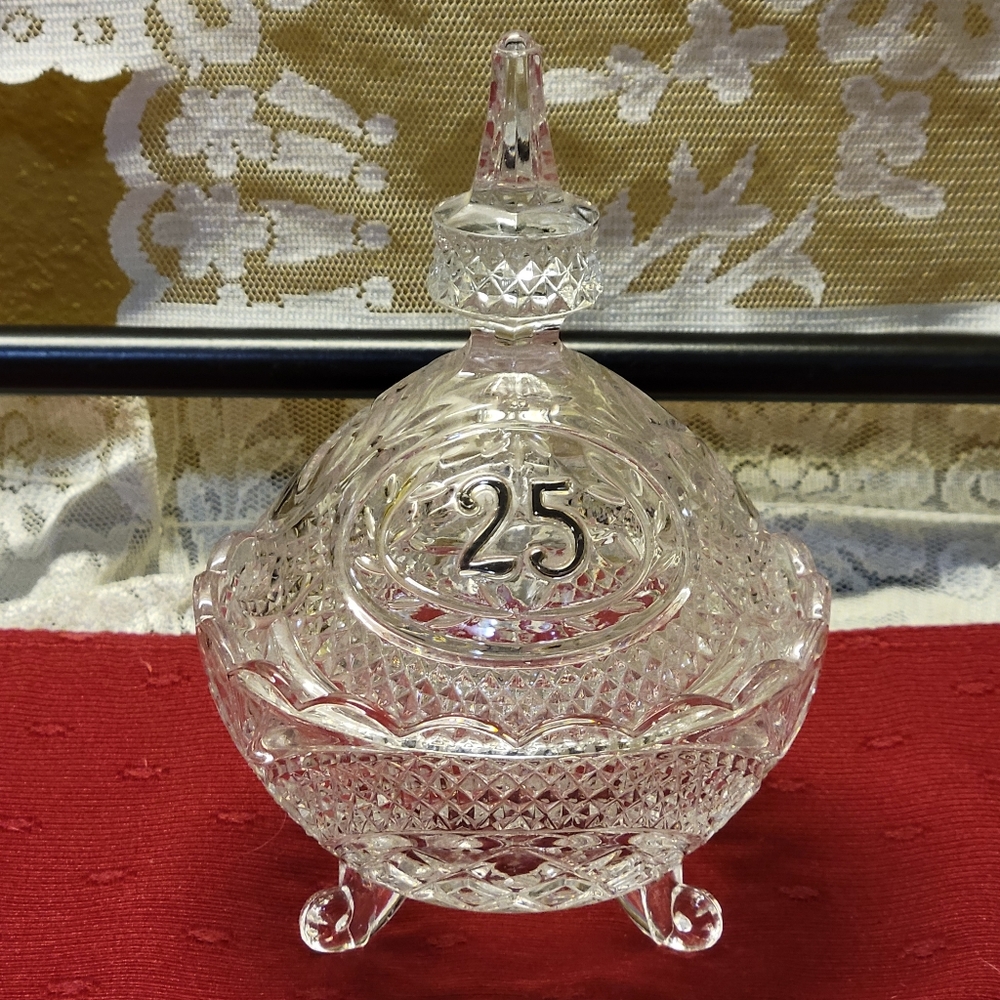 Vtg 25th Anniversary Silver #'s Cut Crystal Lidded, Footed, Candy Dish, Bowl,